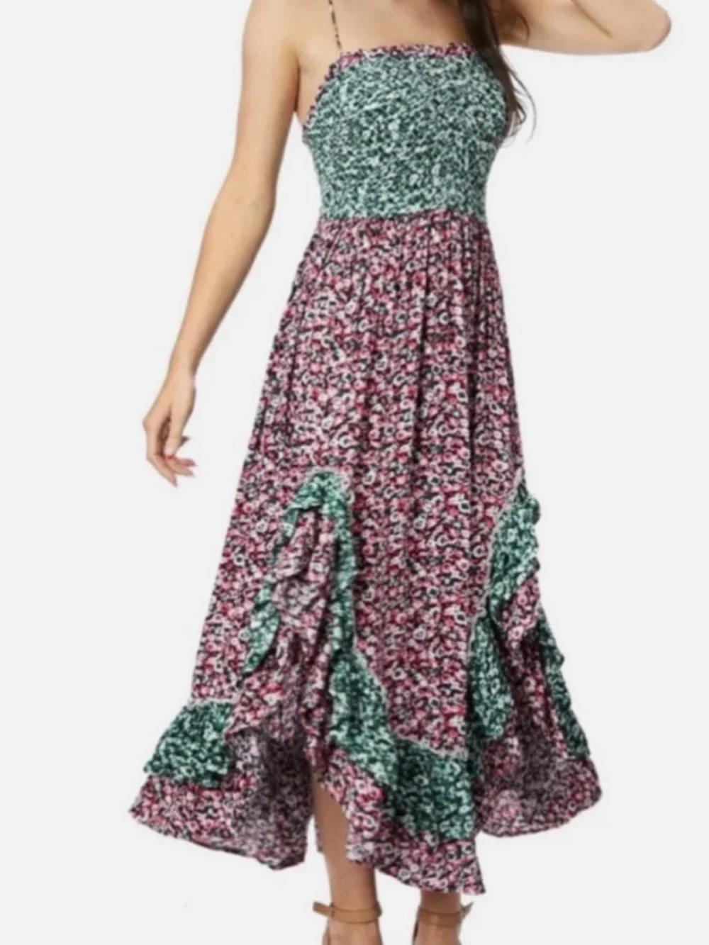 Free People Pink and Green Floral Ruffle Midi Dress “One I Love” - Picture 1 of 8